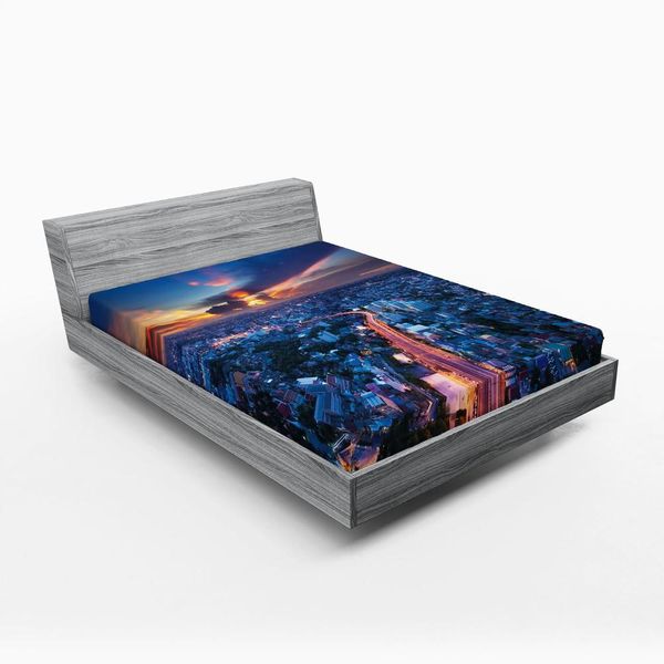 Abakuhaus Lenzuolo Con Angoli Urbano, Skyline Di Bangkok Al Tramonto, Sera, Thailandia, Panorama Urbano, Metropoli, Foto Di Architettura, 180 X 200 Cm, Rosso Corallo E Blu-image