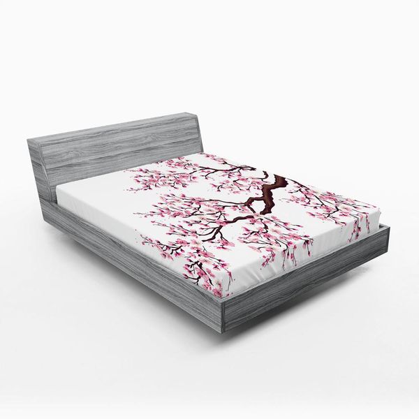 Abakuhaus Lenzuolo Con Angoli Giapponese, Ramo Di Un Albero Di Sakura In Fiore, Fiori Di Ciliegio, Tema Primaverile, Motivo Digitale, 140 X 200 Cm, Rosa Marrone Scuro-image