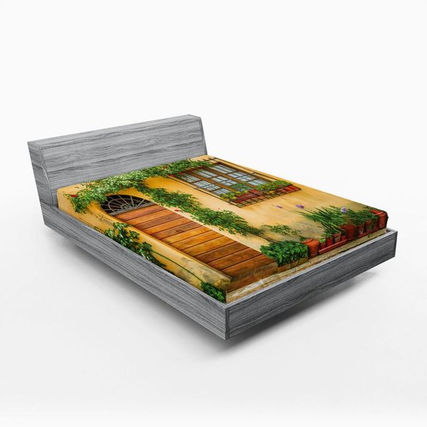 Abakuhaus Italia Lenzuolo Con Angoli, Veranda Con Vasi Di Fiori Vari, Piante Verdi Fresche, Vita Di Città In Toscana, 140 X 200 Cm, Albicocca Verde Marrone-image