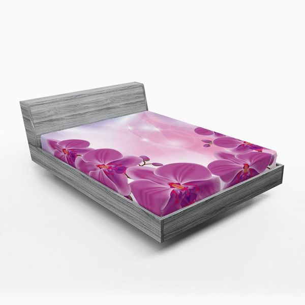 Abakuhaus Lenzuolo Con Angoli, Fiori Di Orchidea Esotici Che Sbocciano Su Uno Sfondo Astratto, Stelle Circolari, 90 X 190 Cm, Viola, Rosa Pallido, Blu-image