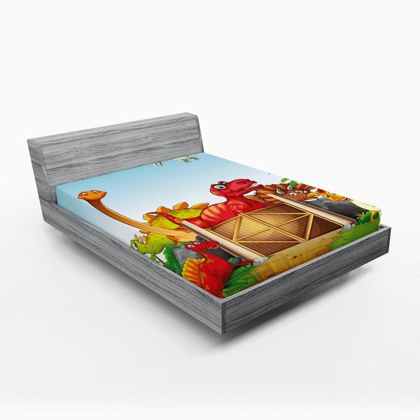 Abakuhaus Lenzuolo Con Angoli Dino, Simpatici Dinosauri In Stile Cartone Animato In Un'illustrazione Che Raffigura Un Parco Dei Dinosauri, Una Giungla, Alberi E Habitat Animali, 140 X 200 Cm, Multicolore-image