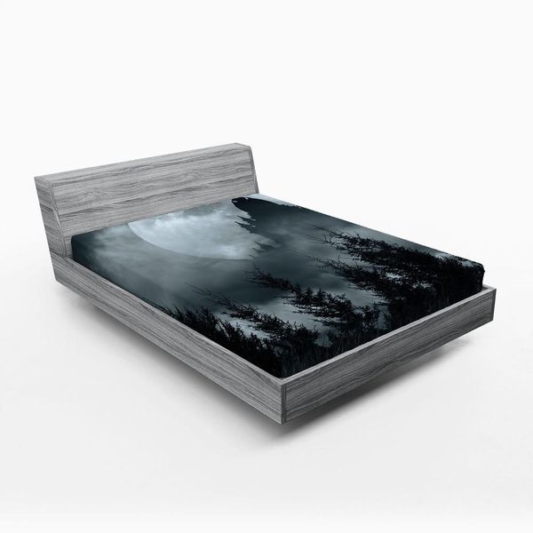 Abakuhaus Lenzuolo Con Angoli Halloween, Sagoma Di Un Castello Magico Su Un Paesaggio Fantastico Notturno Con Luna Piena E Foresta Spaventosa, 140 X 200 Cm, Grigio Chiaro-image