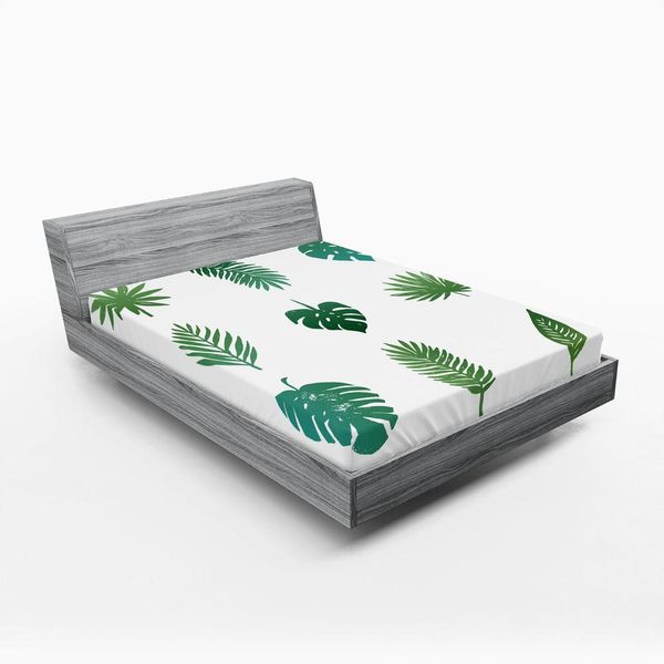 Abakuhaus Lenzuolo Con Angoli, Tema Tropicale Paradisiaco-Isola-Natura-Collezione Disegnata A Mano Con Foglie Di Palma, 150 X 190 Cm, Verde Bianco-image