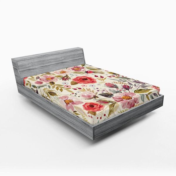 Abakuhaus Shabby Flora Lenzuolo Con Angoli, Acquerello Astratto Primavera Papaveri Fiori Rose Boccioli Lascia Stampa Romantica, 140 X 200 Cm, Multicolore-image