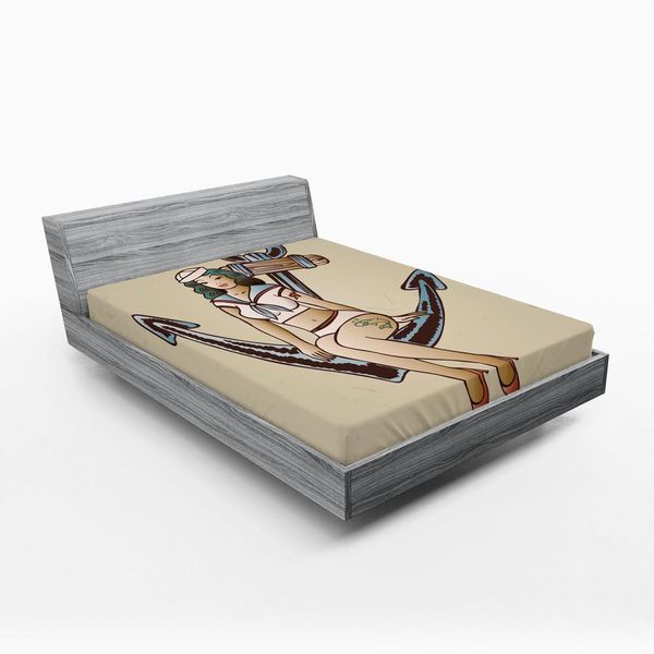 Abakuhaus Lenzuolo Con Angoli, Ragazza Pin Up Con Abito Da Marinaio, Squalo E Tatuaggio A Forma Di Cuore, Motivo Classico Vintage Anni '20, 150 X 190 Cm, Multicolore-image