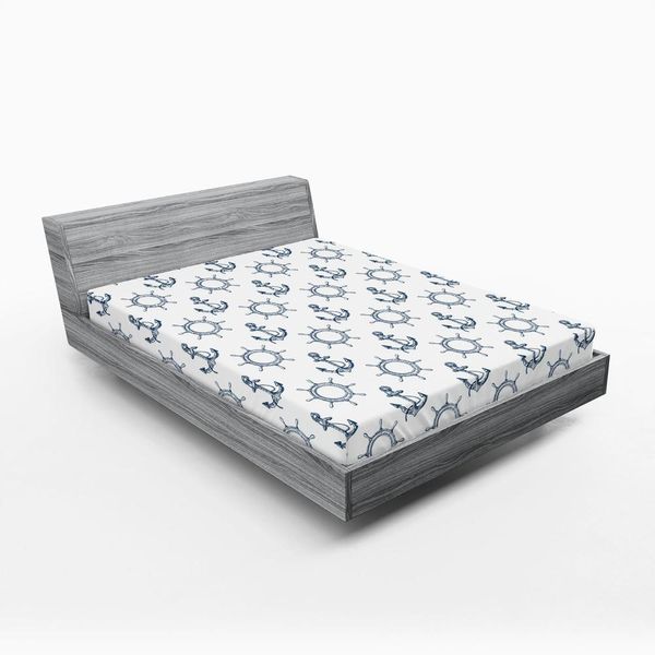 Abakuhaus Lenzuolo Con Angoli, Timone Icone Marittime Ispirazione Nautica Motivo Monocromatico Ripetitivo, 160 X 200 Cm, Blu Navy Bianco-image