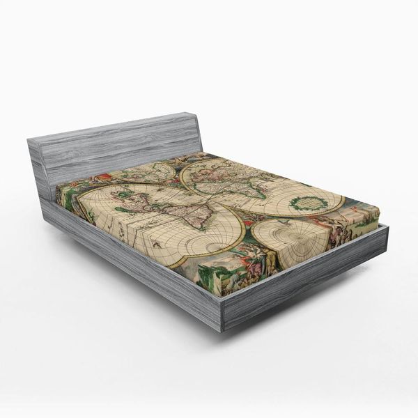 Abakuhaus Lenzuolo Con Angoli Mappa Del Mondo, Design Antico Con Figure Rinascimentali Continenti Ed Emisferi Stile Vintage, 90 X 190 Cm, Multicolore-image