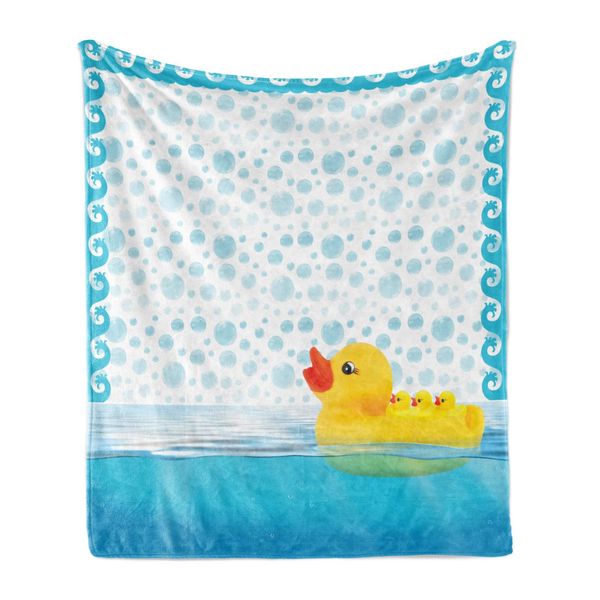 Abakuhaus Coperta Morbida In Flanella E Pile Con Motivo A Papere Gialle, Messaggio Positivo Con Lettere Color Arcobaleno Su Linee A Zig Zag Chevron, 175 X 230 Cm, Blu Cielo, Giallo E Bianco-image