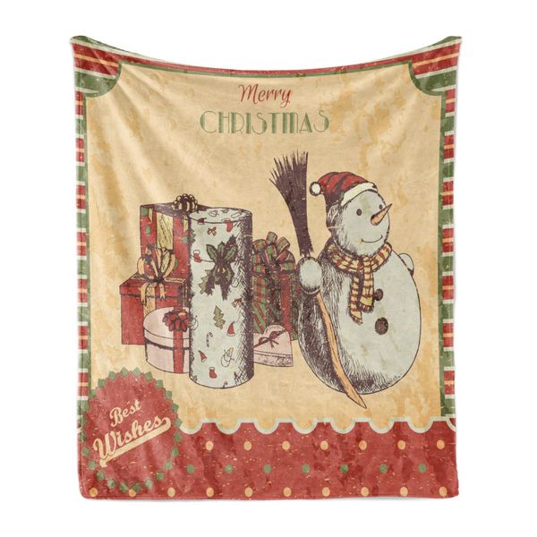 Abakuhaus Coperta Morbida In Flanella E Pile Con Motivo Pupazzo Di Neve, Poster Con Disegno Dell'articolo "Buon Natale E Auguri"" Con Scritta In Corsivo, 175 X 230 Cm, Multicolore"-image