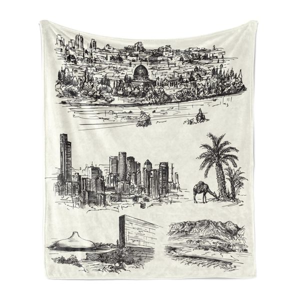 Abakuhaus Eastern City Morbida Coperta In Pile Di Flanella, Illustrazioni Disegnate A Matita Con Calligrafia Israeliana Sketchy, 175 X 230 Cm, Avorio Grigio Antracite-image