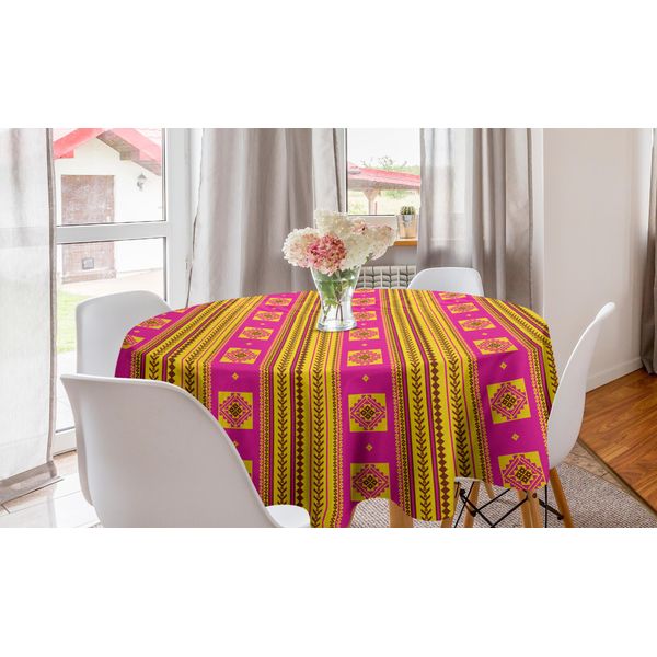 Abakuhaus Tovaglia Rotonda Etnica, Decorazioni Tradizionali, Tovaglia Circolare Per Sala Da Pranzo, Decorazione Per Cucina, 150 Cm, Rosa Shocking E Giallo-image