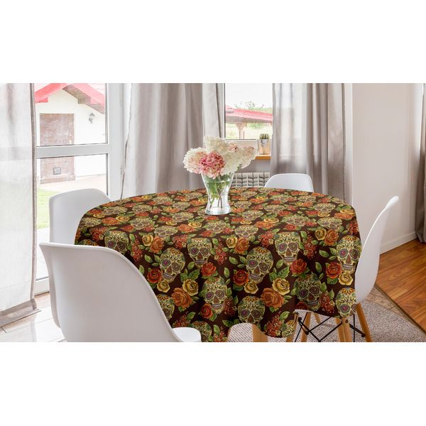 Abakuhaus Tovaglia Rotonda Con Motivi Floreali, Foglie E Fiori A Forma Di Diamante, Tovaglia Circolare Per Sala Da Pranzo E Cucina, 150 Cm, Verde Chiaro, Giallo E Arancione-image