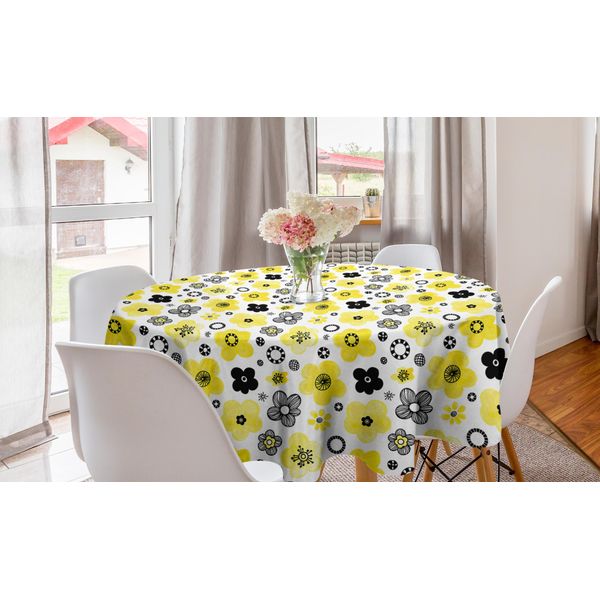 Abakuhaus Tovaglia Rotonda Con Motivi Floreali, Fiori Primaverili Bicolori, Tovaglia Circolare Per Sala Da Pranzo, Decorazione Per Cucina, 150 Cm, Giallo Indaco-image