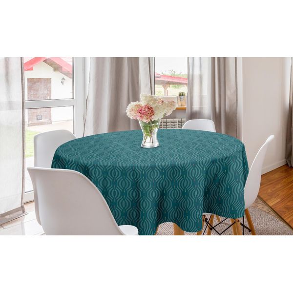 Abakuhaus Tovaglia Rotonda Astratta, Linee Ondulate Moderne E Pois, Tovaglia Circolare Per Sala Da Pranzo E Decorazione Della Cucina, 150 Cm, Blu Petrolio-image