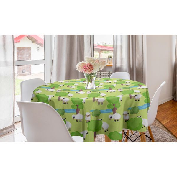 Abakuhaus Tovaglia Rotonda Con Animali Della Fattoria, Pecore Dei Cartoni Animati Nel Bosco, Tovaglia Circolare Per Decorare La Sala Da Pranzo E La Cucina, 150 Cm, Verde Chiaro Multicolore-image