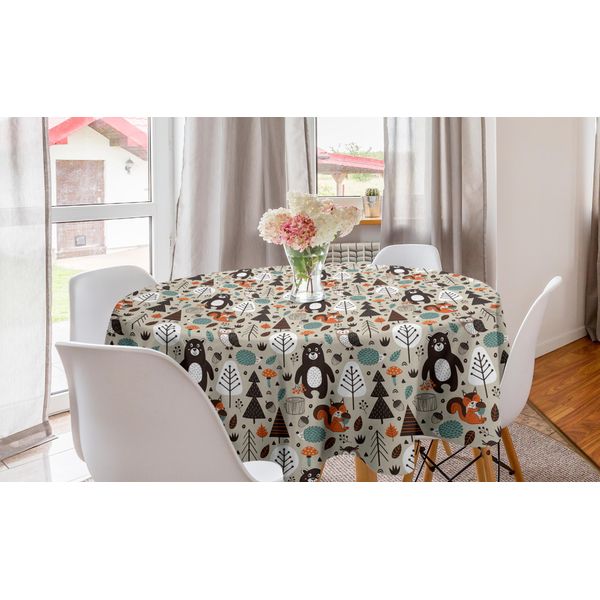 Abakuhaus Tovaglia Rotonda Per Asilo, Animali Della Foresta E Botanica, Tovaglia Circolare Per Sala Da Pranzo, Decorazione Per Cucina, 150 Cm, Grigio Giallo Multicolore-image