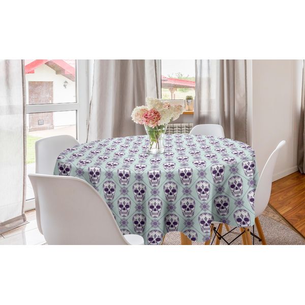 Abakuhaus Tovaglia Geometrica Rotonda, Teschi Floreali Damascati, Tovaglia Circolare Per Sala Da Pranzo, Decorazione Cucina, 150 Cm, Viola Bianco Azzurro-image