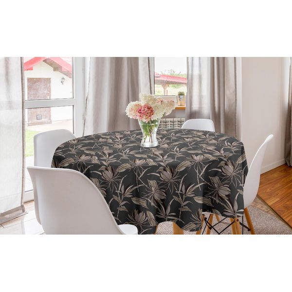 Abakuhaus Tovaglia Rotonda Con Motivi Floreali, Fiori E Foglie Esotiche, Tovaglia Circolare Per Sala Da Pranzo E Cucina, 150 Cm, Grigio Scuro E Marrone Scuro-image