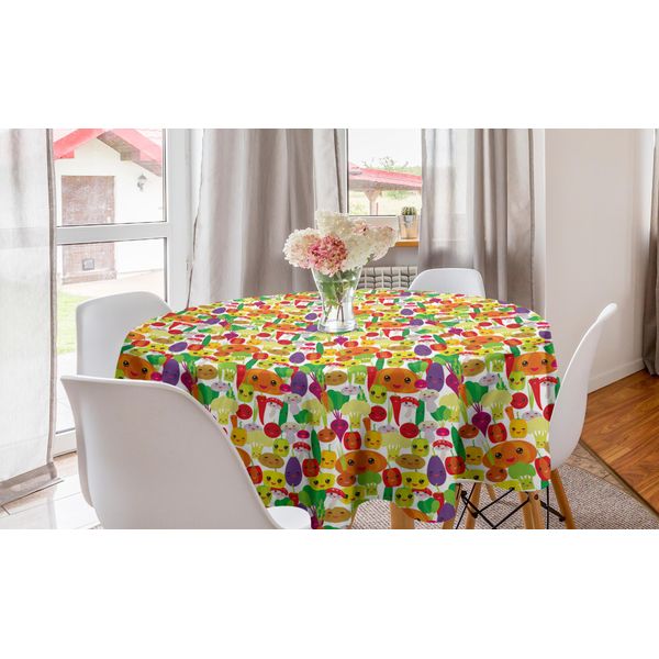Abakuhaus Tovaglia Rotonda Con Motivi Vegetali, Sorrisi Kawaii E Cibi, Tovaglia Circolare Per Decorare La Sala Da Pranzo E La Cucina, 150 Cm, Multicolore-image