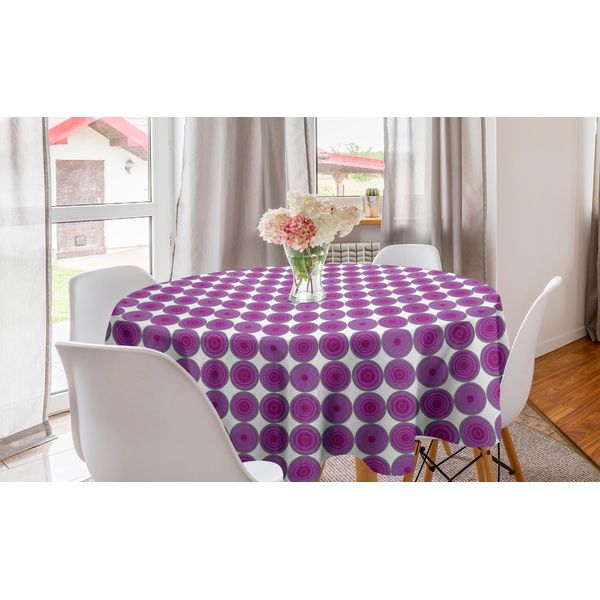 Abakuhaus Tovaglia Rotonda Astratta, Cerchi Viola Ripetitivi, Tovaglia Circolare Per Sala Da Pranzo, Decorazione Per Cucina, 150 Cm, Viola E Bianco-image