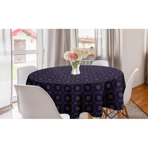 Abakuhaus Tovaglia Rotonda Orientale, Motivi Floreali Arching Dots, Tovaglia Circolare Per Sala Da Pranzo, Decorazione Cucina, 150 Cm, Indaco Scuro, Kaki Scuro-image