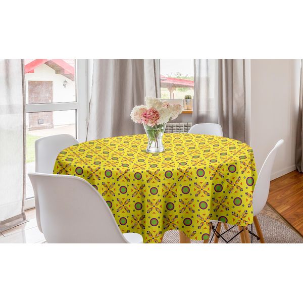 Abakuhaus Tovaglia Rotonda Astratta, Colori Geometrici Estivi, Tovaglia Circolare Per Sala Da Pranzo, Decorazione Cucina, 150 Cm, Giallo E Multicolore-image