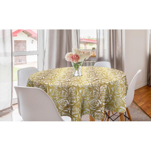 Abakuhaus Tovaglia Rotonda Con Motivi Floreali, Motivo Dreamy Roses Moderno, Tovaglia Circolare Per Sala Da Pranzo, Decorazione Cucina, 150 Cm, Giallo Terra Caffè-image