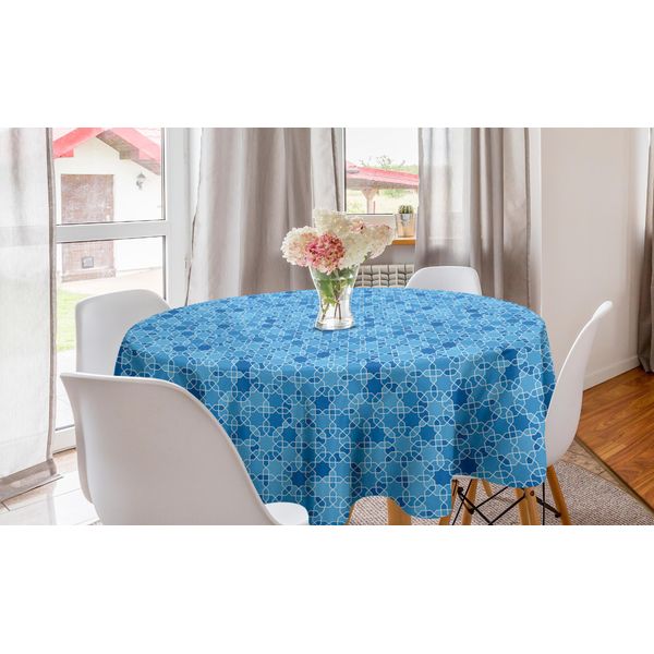 Abakuhaus Tovaglia Rotonda Orientale, Motivo Orientale Simmetrico, Tovaglia Circolare Per Sala Da Pranzo, Decorazione Per Cucina, 150 Cm, Blu Cielo Intenso, Blu Mare-image