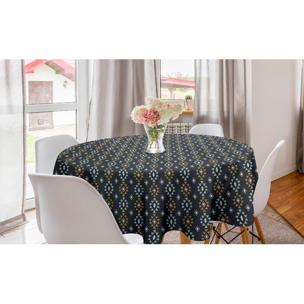 Abakuhaus Tovaglia Geometrica Rotonda, Rombi E Triangoli Tribali, Tovaglia Circolare Per Sala Da Pranzo, Decorazione Cucina, 150 Cm, Blu, Grigio, Cammello-image