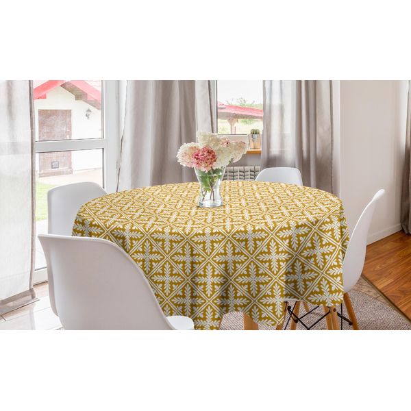 Abakuhaus Tovaglia Rotonda Astratta, Motivi Tradizionali Orientali, Tovaglia Circolare Per Sala Da Pranzo, Decorazione Cucina, 150 Cm, Caffè Chiaro E Bianco-image