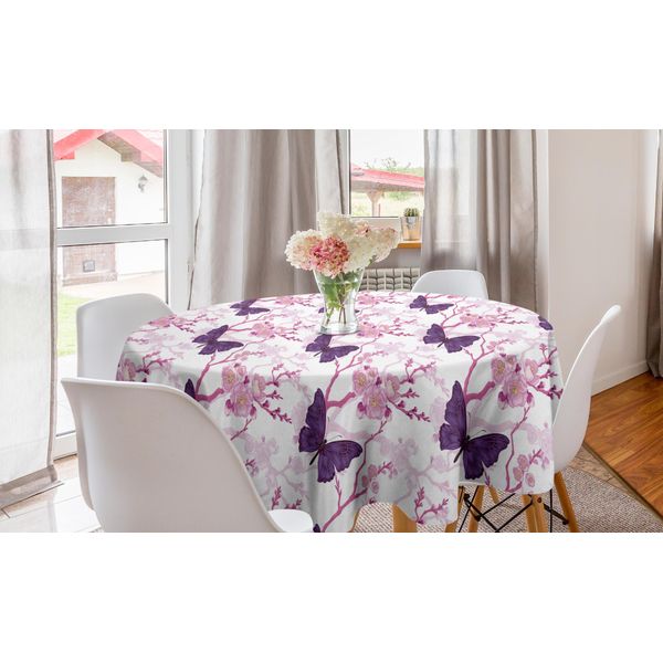Abakuhaus Tovaglia Rotonda Con Motivi Floreali, Delicati Fiori E Farfalle, Tovaglia Circolare Per Sala Da Pranzo E Cucina, 150 Cm, Viola, Rosa, Bianco-image