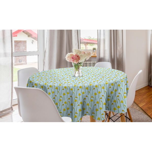 Abakuhaus Tovaglia Rotonda Con Fiori, Narcisi Cartooneschi, Tovaglia Circolare Per Sala Da Pranzo, Decorazione Cucina, 150 Cm, Azzurro Senape-image