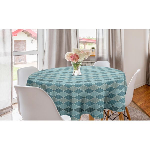 Abakuhaus Tovaglia Rotonda Astratta, Stile Rombi Orizzontali, Tovaglia Circolare Per Sala Da Pranzo E Decorazione Della Cucina, 150 Cm, Blu Cadetto-Blu Ardesia-image