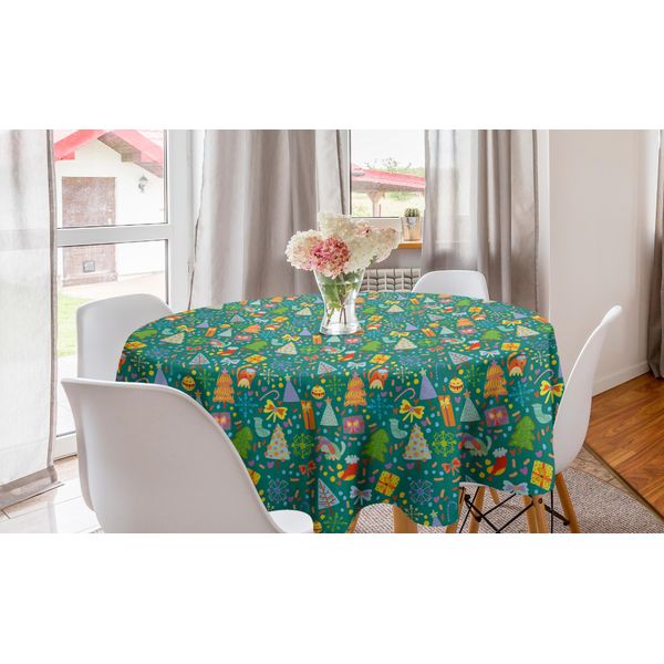 Abakuhaus Tovaglia Rotonda Natalizia, Elemento Doodle Colorato, Tovaglia Circolare Per Decorazione Sala Da Pranzo Cucina, 150 Cm, Verde Acqua E Multicolore-image