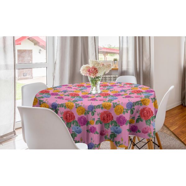 Abakuhaus Tovaglia Rotonda English Garden, Rose Colorate, Tovaglia Circolare Per Sala Da Pranzo, Decorazione Per Cucina, 150 Cm, Rosa Baby E Multicolore-image