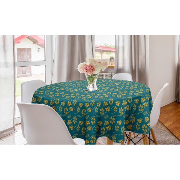 Abakuhaus Tovaglia Rotonda Con Motivi Floreali, Damasco Con Tulipani Orientali, Tovaglia Circolare Per Sala Da Pranzo E Cucina, 150 Cm, Blu Petrolio E Giallo Terra-image