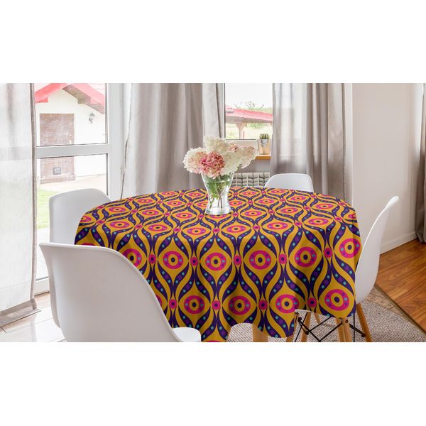 Abakuhaus Tovaglia Rotonda Astratta, Quirky Oriental Ethnic, Tovaglia Circolare Per Sala Da Pranzo E Cucina, 150 Cm, Arancione E Viola-image