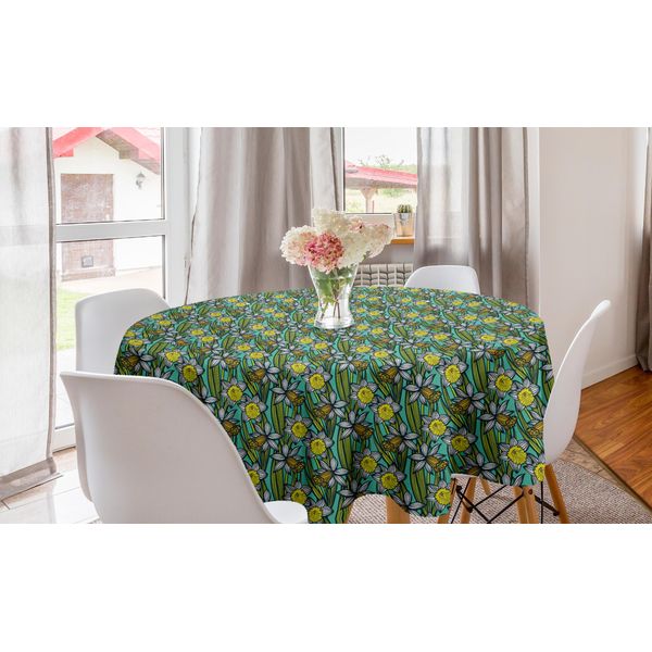 Abakuhaus Tovaglia Rotonda Con Motivi Floreali, Narcisi Cartoon, Tovaglia Rotonda Per Sala Da Pranzo E Cucina, 150 Cm, Verde Bosco Multicolore-image