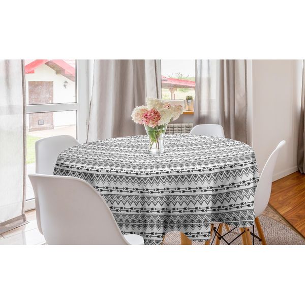 Abakuhaus Tovaglia Rotonda Tribale, Zigzag E Frecce BohéMien, Tovaglia Circolare Per Sala Da Pranzo, Decorazione Cucina, 150 Cm, Grigio Antracite E Bianco-image