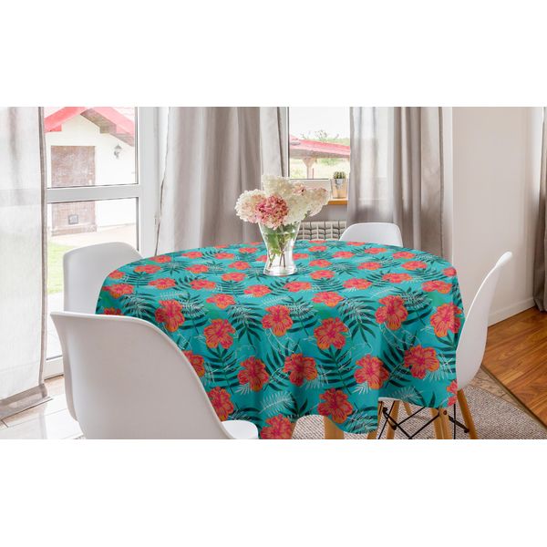 Abakuhaus Tovaglia Rotonda Esotica, Tropic Estate Hibiscus Flora, Tovaglia Circolare Per Sala Da Pranzo, Decorazione Cucina, 150 Cm, Seafoam Coral-image