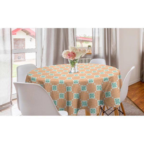 Abakuhaus Tovaglia Rotonda Orientale, Quadrati Fantasia, Tovaglia Circolare Per Sala Da Pranzo, Decorazione Cucina, 150 Cm, Arancione Scuro Seafoam-image