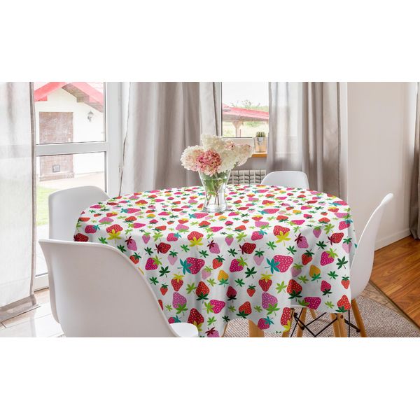Abakuhaus Tovaglia Rotonda Con Motivi Frutta, Fragole Cartoon, Tovaglia Circolare Per Sala Da Pranzo E Cucina, 150 Cm, Rosa Senape-image