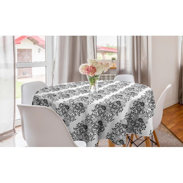 Abakuhaus Tovaglia Rotonda Con Motivi Floreali, Motivo Floreale Vintage, Tovaglia Circolare Per Sala Da Pranzo E Cucina, 150 Cm, Grigio Antracite E Bianco-image