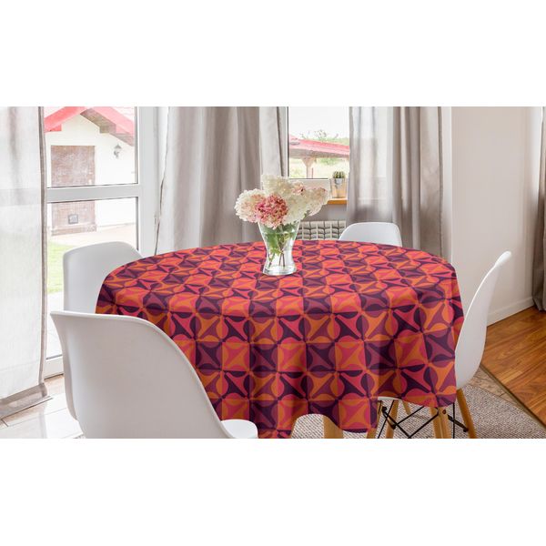 Abakuhaus Tovaglia Rotonda Retrò, Arte Colorata In Stile Anni '60, Tovaglia Circolare Per Decorare La Sala Da Pranzo E La Cucina, 150 Cm, Corallo Scuro E Viola-image