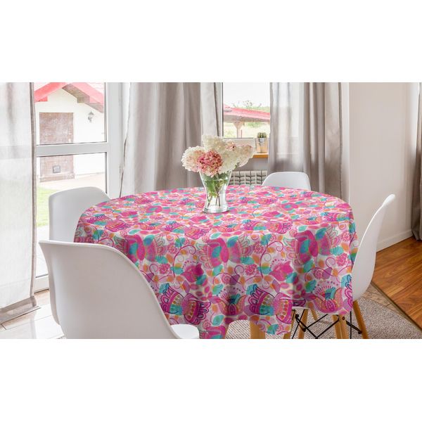 Abakuhaus Tovaglia Rotonda Con Motivi Floreali, Uccelli Ornamentali E Foglie, Tovaglia Circolare Per Sala Da Pranzo, Decorazione Per Cucina, 150 Cm, Rosa Multicolore-image