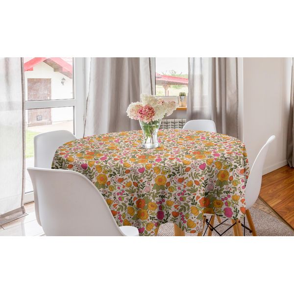 Abakuhaus Tovaglia Rotonda Con Motivi Floreali, Tema Primaverile Fiori E Uccelli, Tovaglia Circolare Per Sala Da Pranzo E Cucina, 150 Cm, Multicolore Albicocca-image
