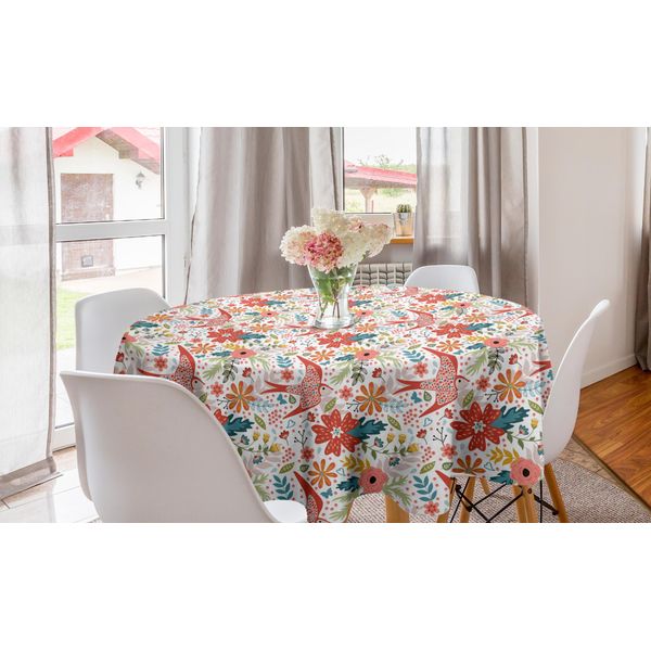 Abakuhaus Tovaglia Rotonda Con Motivi Floreali, Fiori Primaverili E Uccellini, Tovaglia Circolare Per Sala Da Pranzo E Cucina, 150 Cm, Burnt Sienna Multicolor-image