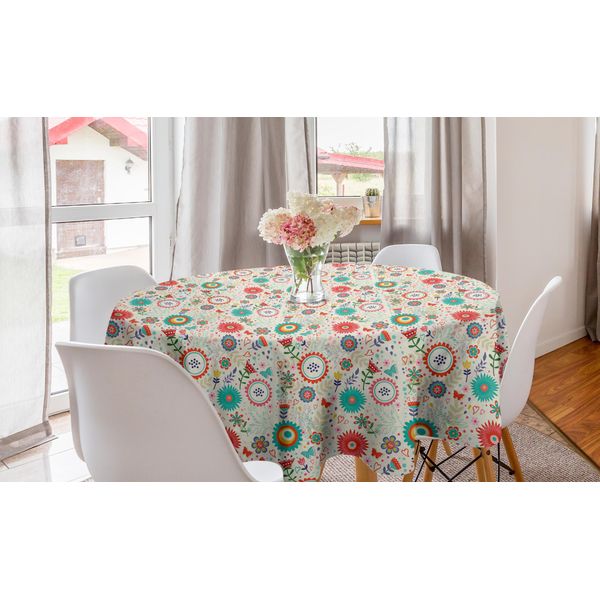 Abakuhaus Tovaglia Rotonda Con Motivi Floreali, Fiori Scandinavi Primaverili, Tovaglia Circolare Per Sala Da Pranzo E Cucina, 150 Cm, Multicolore Guscio D'uovo-image