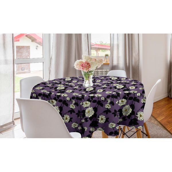 Abakuhaus Tovaglia Rotonda Con Motivi Floreali, Bianco Con Foglie Di Rose Selvatiche, Tovaglia Circolare Per Sala Da Pranzo E Cucina, 150 Cm, Color Crema Melanzana Chiaro-image