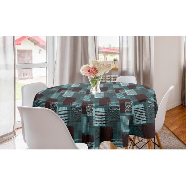 Abakuhaus Tovaglia Rotonda Astratta, Pois A Righe Grunge Quadrati, Tovaglia Circolare Per Sala Da Pranzo, Decorazione Cucina, 150 Cm, Blu Cadetto, Malva Scuro-image